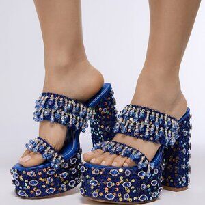 AZALEA WANG " DANGLING DYNASTY " BLUE EMBELLISHED PLATFORM HEEL( BRAND NEW! !!!!